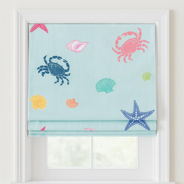 Coastal Sea-Life Linen Roman Shade – Custom Corded Kids & Nursery Blind, Mint Aqua Crabs + Starfish Print, OEKO-TEX Linen, Blackout / Light-Filtering