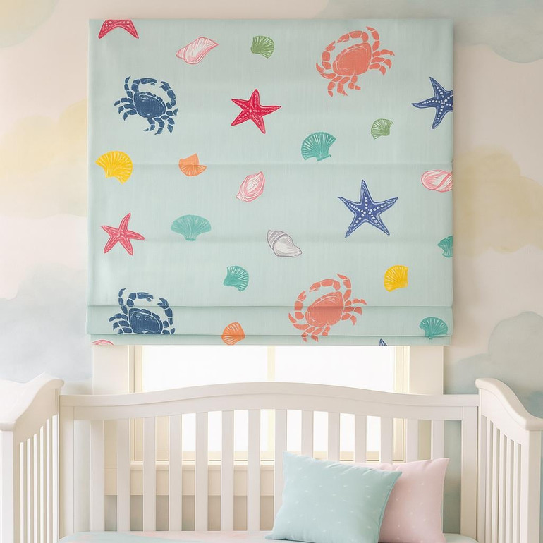 Coastal Sea-Life Linen Roman Shade – Custom Corded Kids & Nursery Blind, Mint Aqua Crabs + Starfish Print, OEKO-TEX Linen, Blackout / Light-Filtering