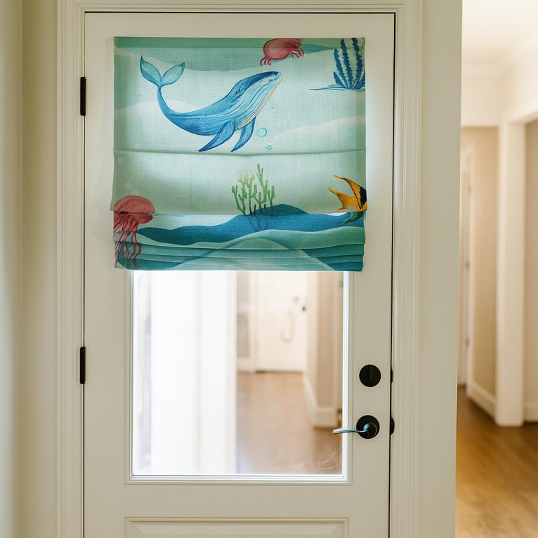 Ocean Whale Adventure Linen Roman Shade – Custom Corded Kids & Nursery Blind, Aqua Mint Under-Sea Print, OEKO-TEX Linen, Blackout / Light-Filtering