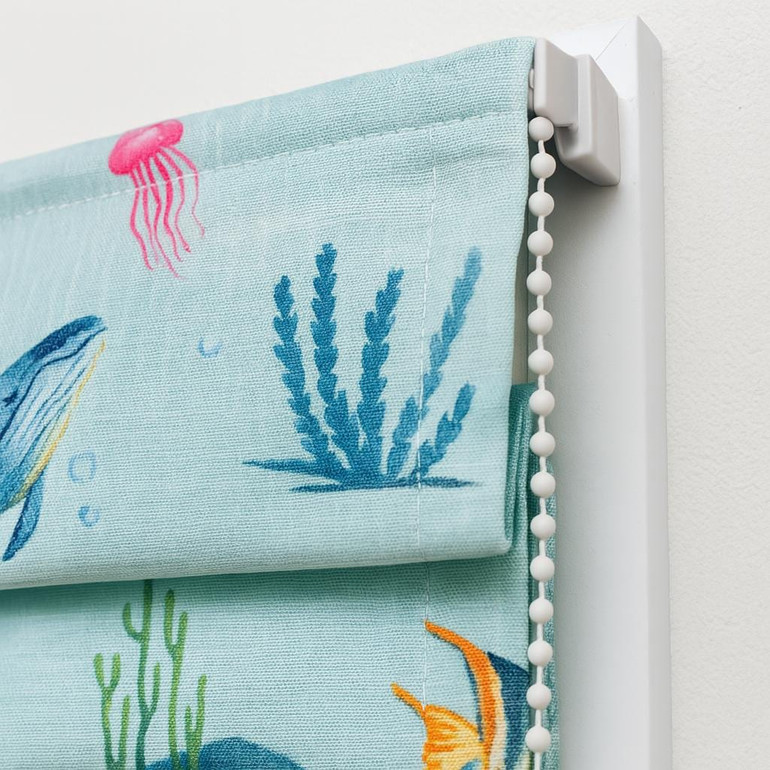 Ocean Whale Adventure Linen Roman Shade – Custom Corded Kids & Nursery Blind, Aqua Mint Under-Sea Print, OEKO-TEX Linen, Blackout / Light-Filtering