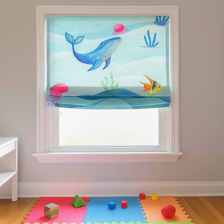 Ocean Whale Adventure Linen Roman Shade – Custom Corded Kids & Nursery Blind, Aqua Mint Under-Sea Print, OEKO-TEX Linen, Blackout / Light-Filtering
