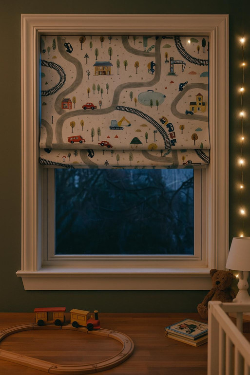 Road-Map Adventure Linen Roman Shade – Custom Corded Kids & Nursery Blind, Cream Base Cars + Trains Print, OEKO-TEX Linen, Blackout / Light-Filtering