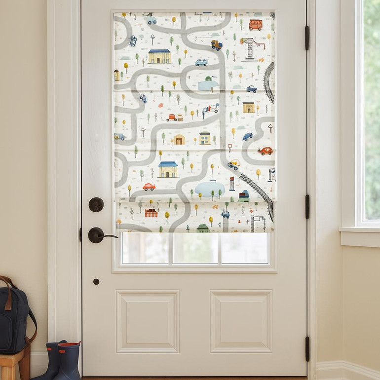 Road-Map Adventure Linen Roman Shade – Custom Corded Kids & Nursery Blind, Cream Base Cars + Trains Print, OEKO-TEX Linen, Blackout / Light-Filtering