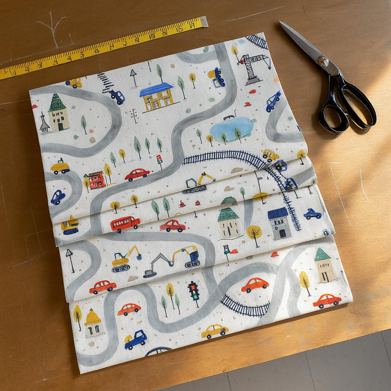 Road-Map Adventure Linen Roman Shade – Custom Corded Kids & Nursery Blind, Cream Base Cars + Trains Print, OEKO-TEX Linen, Blackout / Light-Filtering
