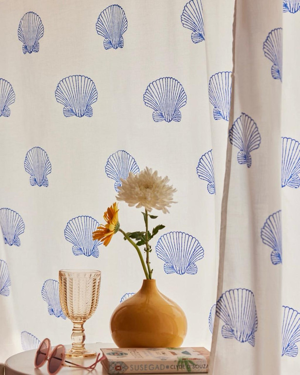 White and Blue Sea Shell Block Print Organic Cotton Curtains - Set of 2 | Customizable Sizes with Light Filtering or Light Blocking Liner Options