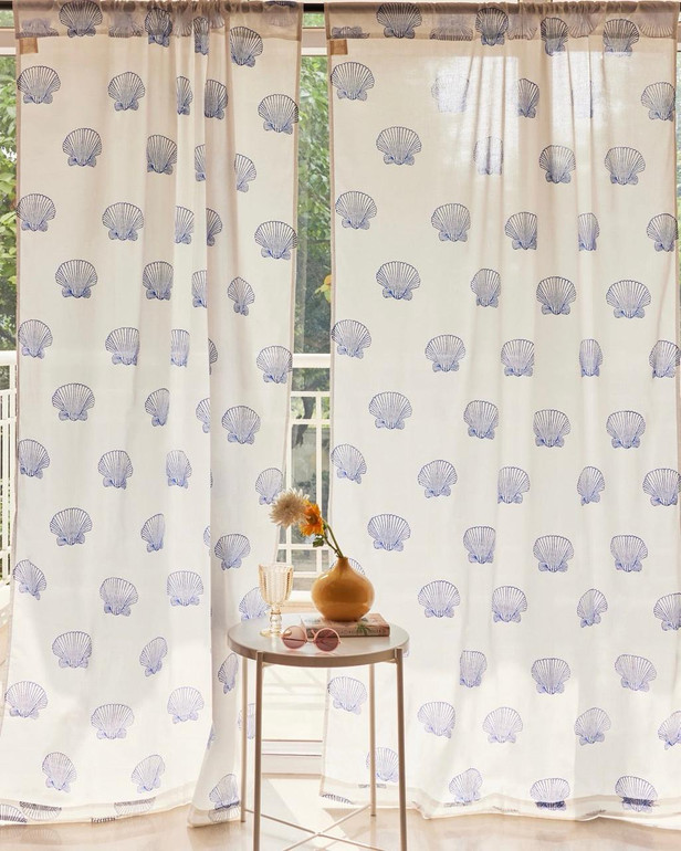 White and Blue Sea Shell Block Print Organic Cotton Curtains - Set of 2 | Customizable Sizes with Light Filtering or Light Blocking Liner Options