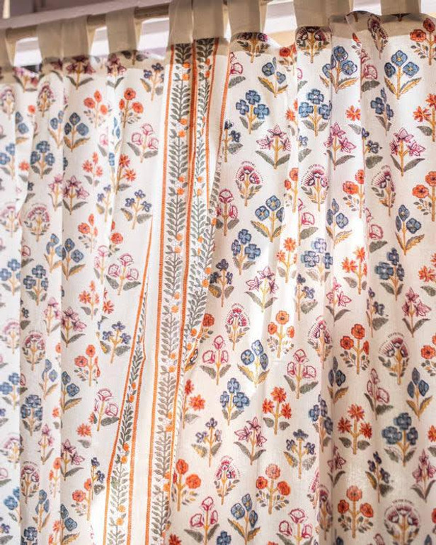 White Floral Indian Hand Block Printed Curtains | Organic Cotton Fabric | Trim Border | Multiple Heading Options | Available as Single Curtain or Set of 2 Panels | Light Filtering
