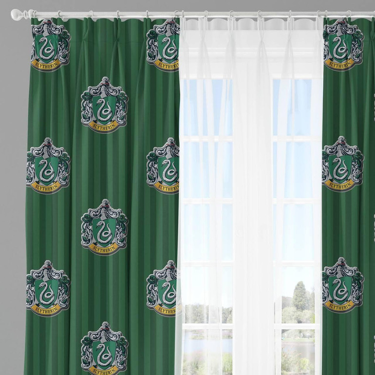 Magical Slytherin House Curtains - Organic Cotton, Pinch Pleated, Light Filtering or Insulating Blackout Liner, Single or Set of 2 Curtains, Perfect for Kids' Room and Nursery