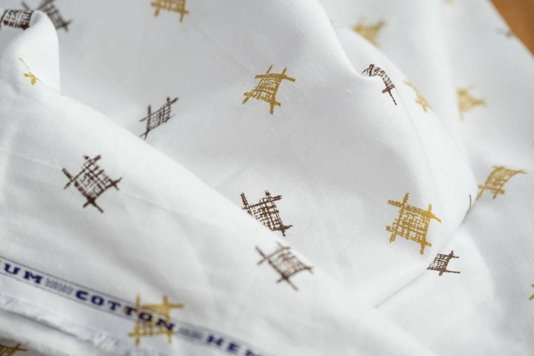 Golden Brown Waffle Checks Organic White Hemp Fabric - Minimalistic Pattern | 58 Inches Wide, Sold by the Yard