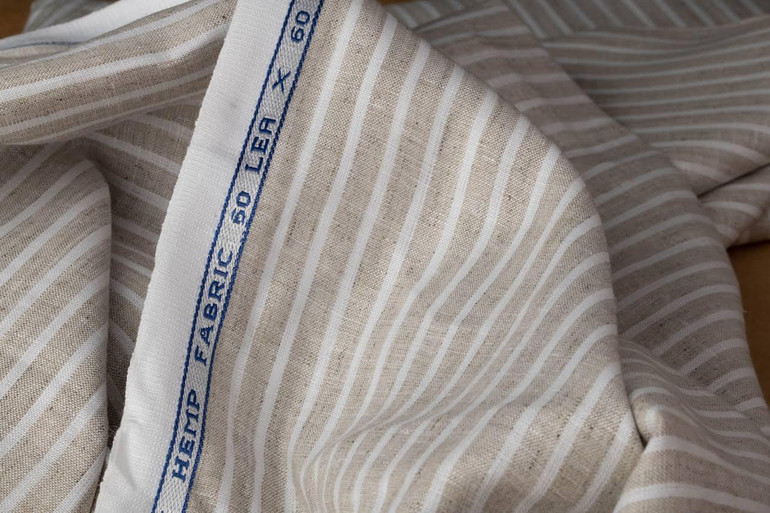 Organic Hemp Fabric - Natural Color with White Stripes | 58 Inches Wide | Ideal for Shirts, Dresses, and Home Furnishings | Sold by the Yard.