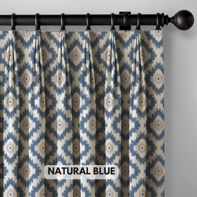 Handcrafted Triple Fold Tailored Pleat Organic Cotton Curtains - Indian Traditional Ikkat Block Print Diamond Pattern. Light Filtering or Blackout Liner. Available as Single Curtain or Set of 2. Customizable Sizes