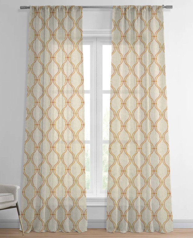 Taupe Beige Linen Sheer Curtains with Earthy Orange and Yellow Spiral Embroidery | Customizable Sizes | Elegant Window Décor