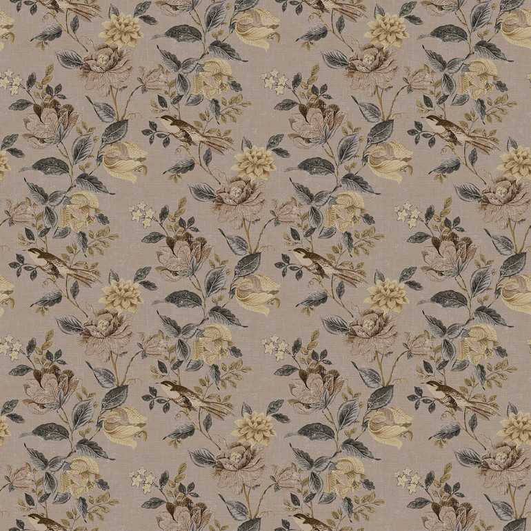 Taupe Brown & Beige Artistic Floral Linen Curtains | Phoenix Bird Print | Light Filtering/Blackout | Single/Set of 2