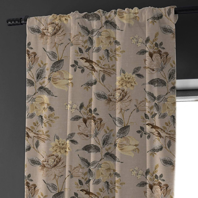 Taupe Brown & Beige Artistic Floral Linen Curtains | Phoenix Bird Print | Light Filtering/Blackout | Single/Set of 2