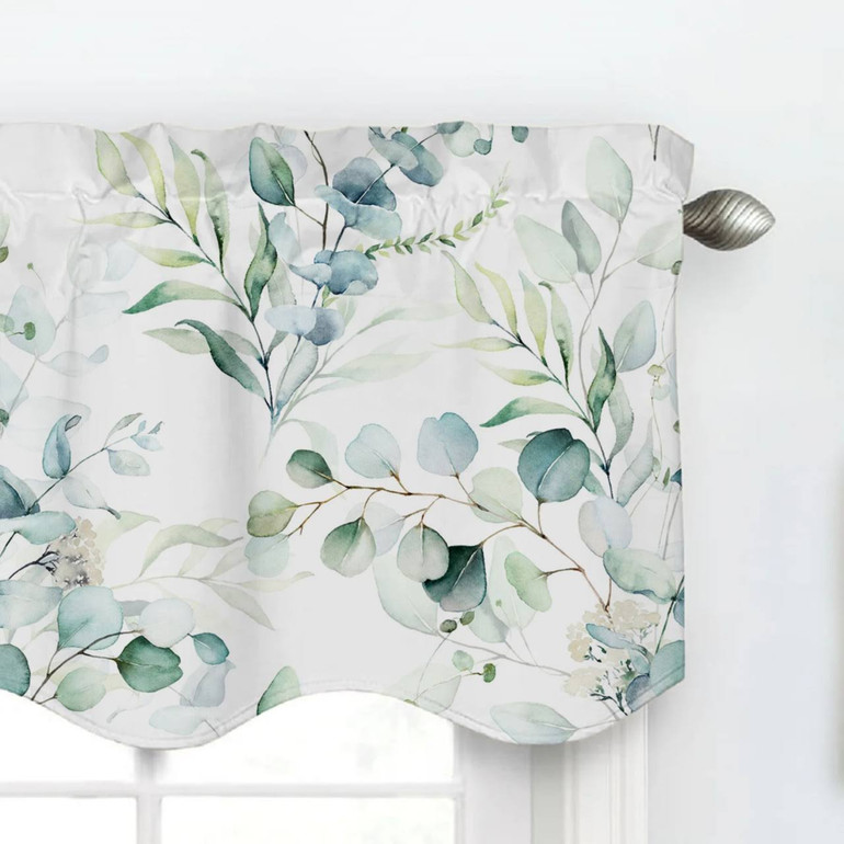 Handpainted Green Eucalyptus Leaves Linen Valance (Multiple Sizes, Custom Fit)