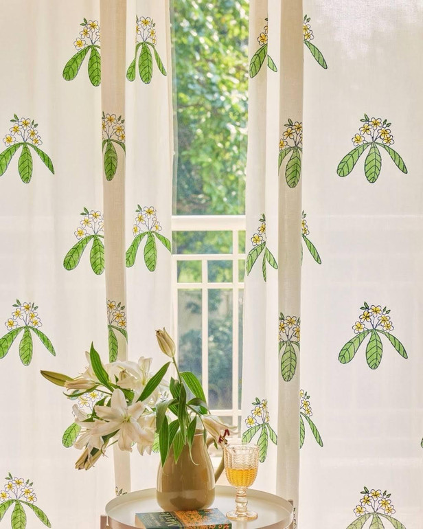 Boho Floral Curtains - Hand Block Printed Organic Cotton in White & Green | Handstitched | Customizable Size & Linings