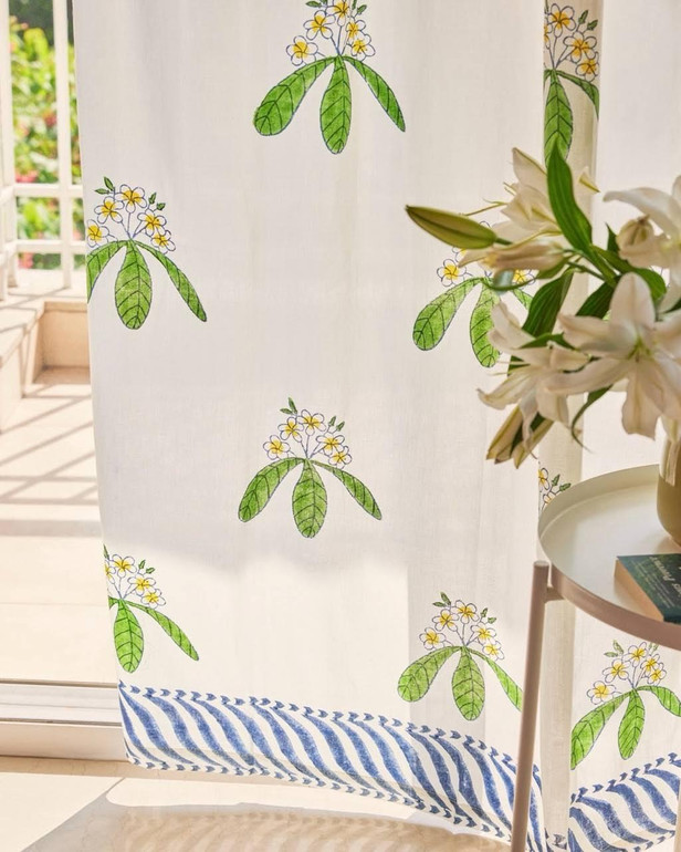 Boho Floral Curtains - Hand Block Printed Organic Cotton in White & Green | Handstitched | Customizable Size & Linings