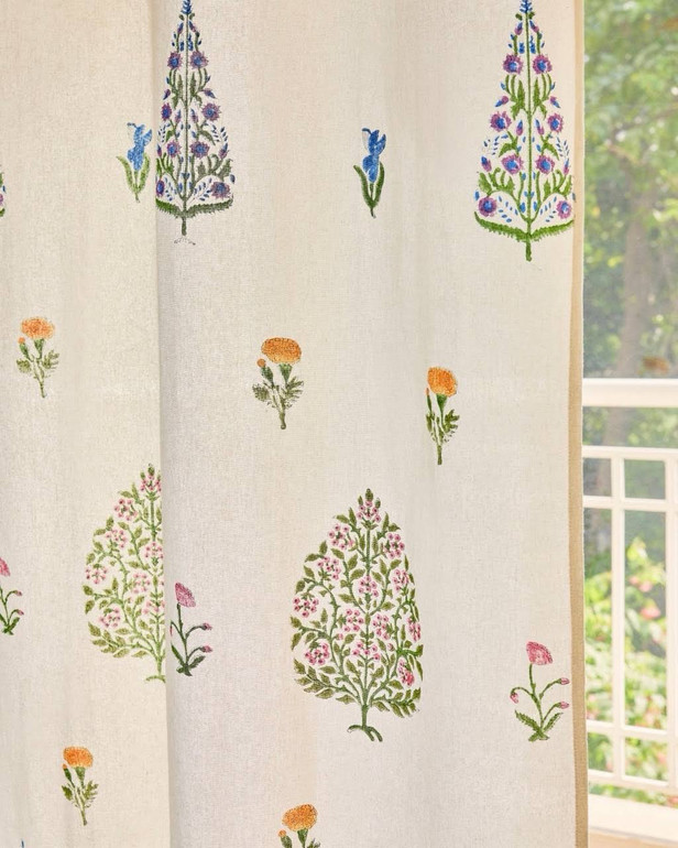 Hand Block Printed Organic Cotton Curtains - Multicolor Floral & Tree Design (Off-White Base)