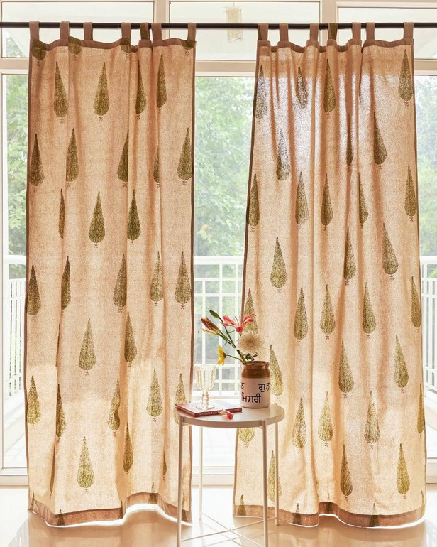 Hand-Block Printed Off-White Organic Cotton Curtains: Cypress Tree Design, Standard & Custom Sizes, Multiple Heading Styles (Rod Pockets, Loops, Tabs, Grommets) - Single Panel or Sets, Liner Options (Light Filtering, Blackout)