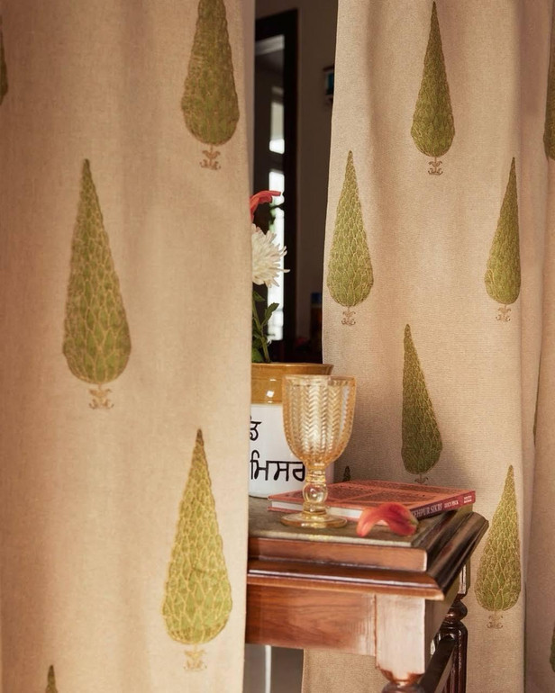 Hand-Block Printed Off-White Organic Cotton Curtains: Cypress Tree Design, Standard & Custom Sizes, Multiple Heading Styles (Rod Pockets, Loops, Tabs, Grommets) - Single Panel or Sets, Liner Options (Light Filtering, Blackout)