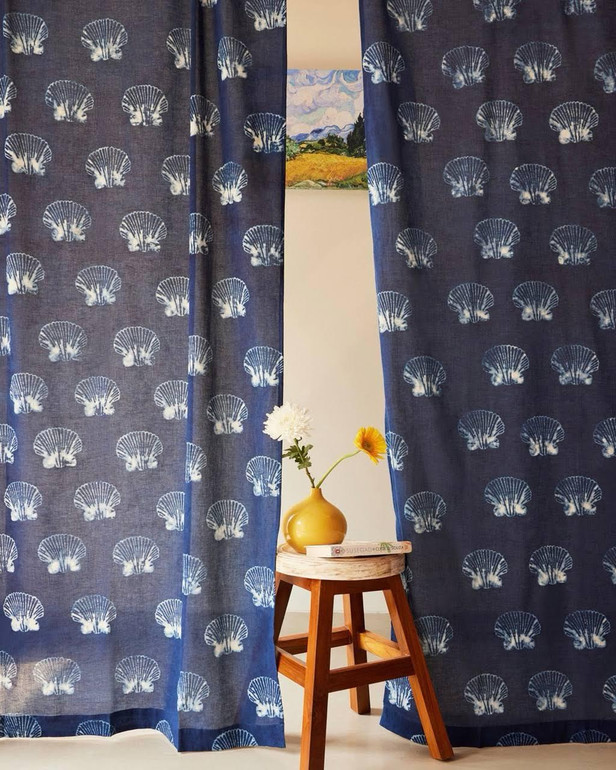 Indigo & White Organic Cotton Curtains - Sea Shell Block Print (Coastal)