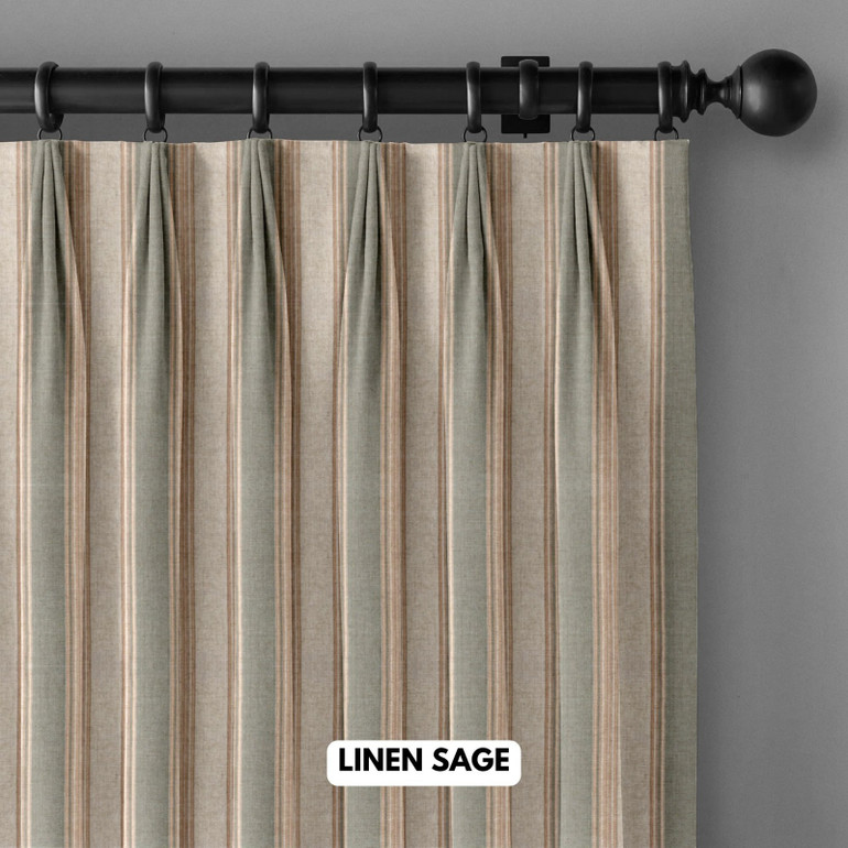 Organic Linen Triple Tailored Pinch Pleated Farmhouse Stripe Curtains - Light Filtering or Blackout Liner (Single or Pair)