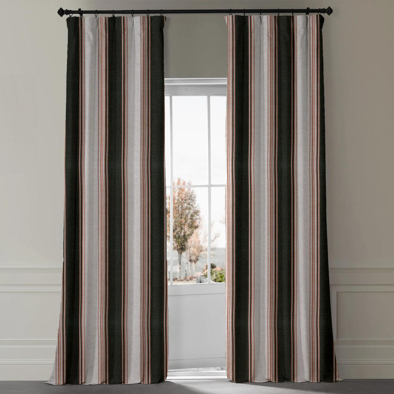 Farmhouse-Style Organic Linen Stripe Curtains with Cotton or Blackout Liner | Dark Green and Off White