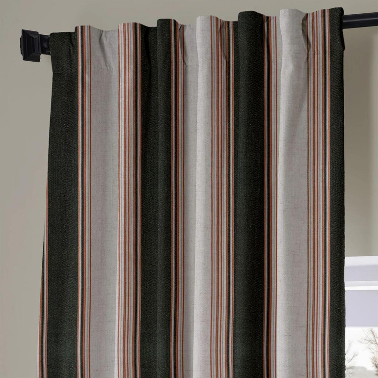 Farmhouse-Style Organic Linen Stripe Curtains with Cotton or Blackout Liner | Dark Green and Off White