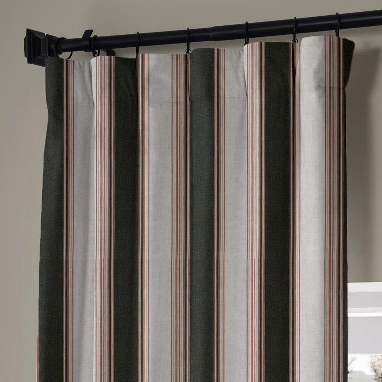 Farmhouse-Style Organic Linen Stripe Curtains with Cotton or Blackout Liner | Dark Green and Off White