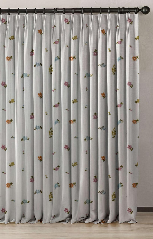 Organic Linen Fabric with Floral Embroidery - Perfect for Curtains & Kids Rooms