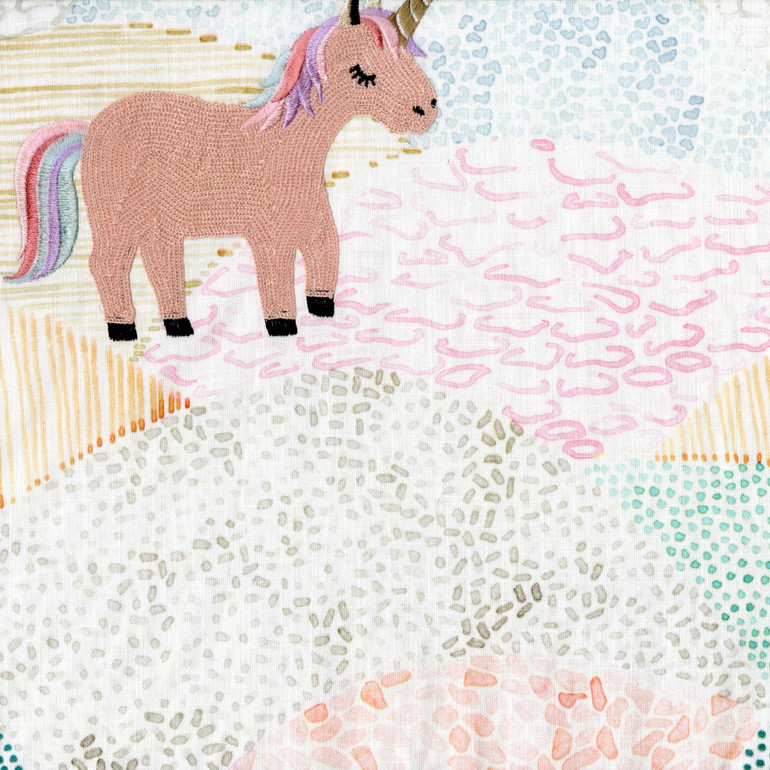 Embroidered Unicorn Organic Linen Fabric - Whimsical Nursery Decor