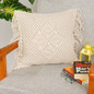 Boho Throw Pillow Cover with Macrame Design | 16x16 Inch | Cream | Fringed Edges | Handmade in USA