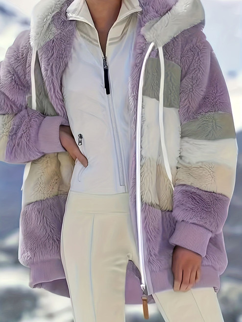 Women's color block fuzzy fall & winter jacket, zip up hooded long sleeve casual outerwear for seasonal fashion accessorella.