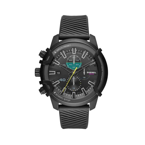 Diesel DZ4520 Griffed chronograph watch men's black dial with gunmetal indexes and black silicone strap accessorella.