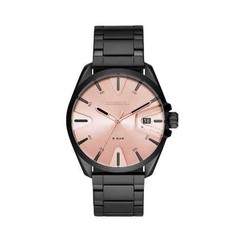 Diesel DZ1904 MS9 three-hand black stainless steel watch with rose gold dial and black bracelet accessorella.