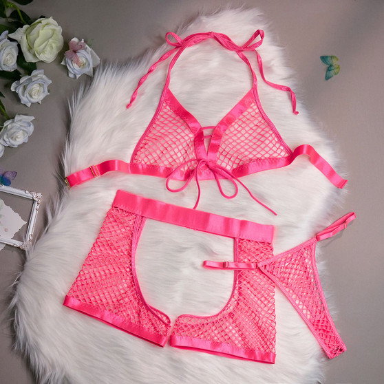 Bikini Fashion Sexy Lingerie Mesh See-through Sexy Soft Women's Three-Piece Suit