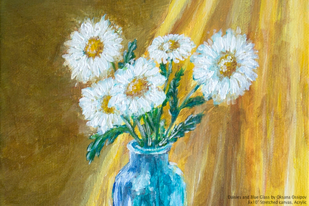 Blue and Yellow Floral Painting in glass vase on 8x10 Canvad