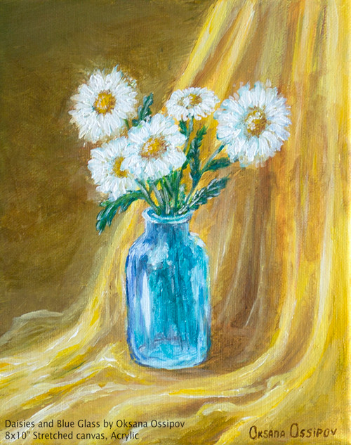 Daisies and Blue Glass, original still life painting by artist Oksana Ossipov.
Acrylic on canvas, 8 by 10". Full view.