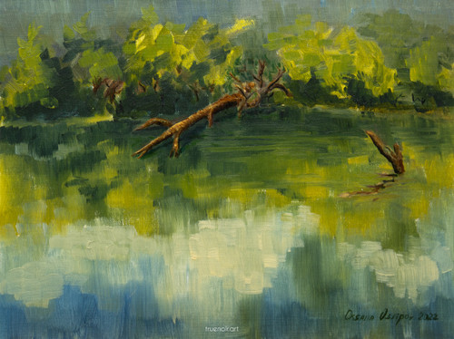 Arbor Hill Lake Landscape by artist Oksana Ossipov, original 12 by 9 inch oil painting on linen panel. Green landscape of a lake in Texas.