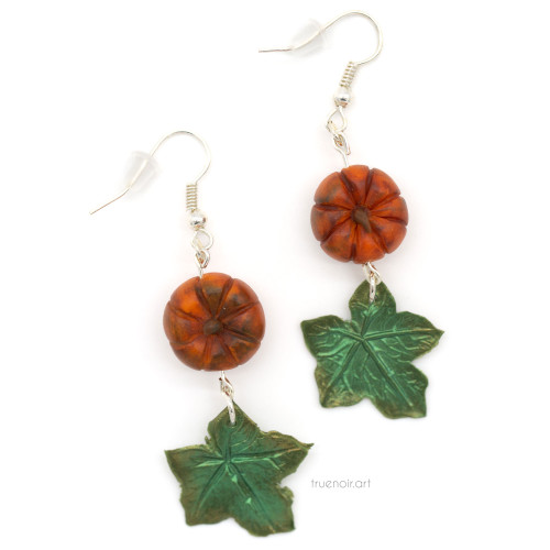 Orange pumpkin with green leaves fishhook earrings, silver nickel-free metal