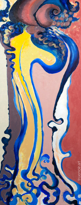 Abstract painting in blue, dusty-pink, and yellow tones. It depicts lines tangled at the top and bottom, but stretched in the middle. The painting is sixteen inches wide and forty inches tall.