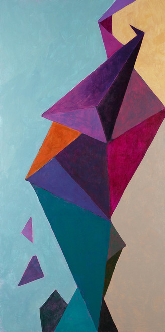 Abstract painting of a form in purple and turquoise-green tones. The form consists of triangles and guides the eye through the planes.