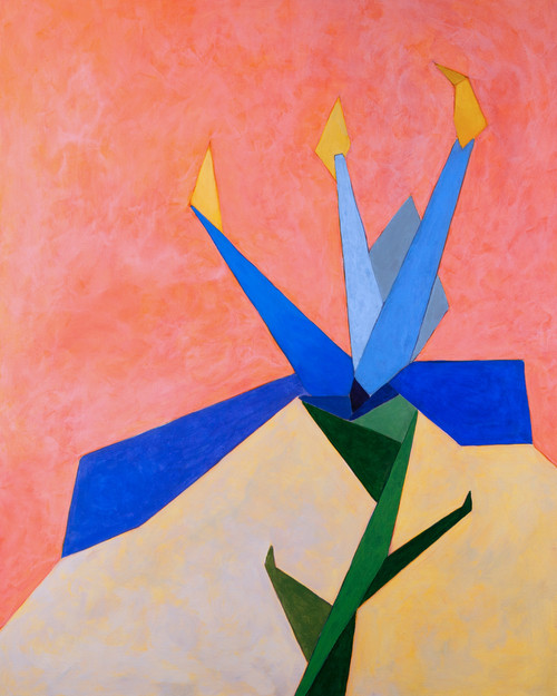 Abstract painting of a geometric form in blues and greens that resemble an iris flower. It's positioned on pink background at the top and yellow at the bottom. Background has a veil texture to it.