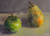 Apple and Pear on the Table by artist Oksana Ossipov, close-up view
Original oil painting, 5 by 7 inch, Oil on linen panel