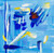 Full picture of blue abstract painting. It has light blue background and a myriad of darker blue, yellow and white strokes, as well as a small splash of red.