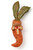 A pin which looks like a carrot with psyched bunny face. The ears are green to represent haulm.