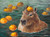 Acrylic painting of a capybara soaking in greenish water among floating bright orange yuzu fruit. Capybara is half-submerged and only its head and neck are visible.
