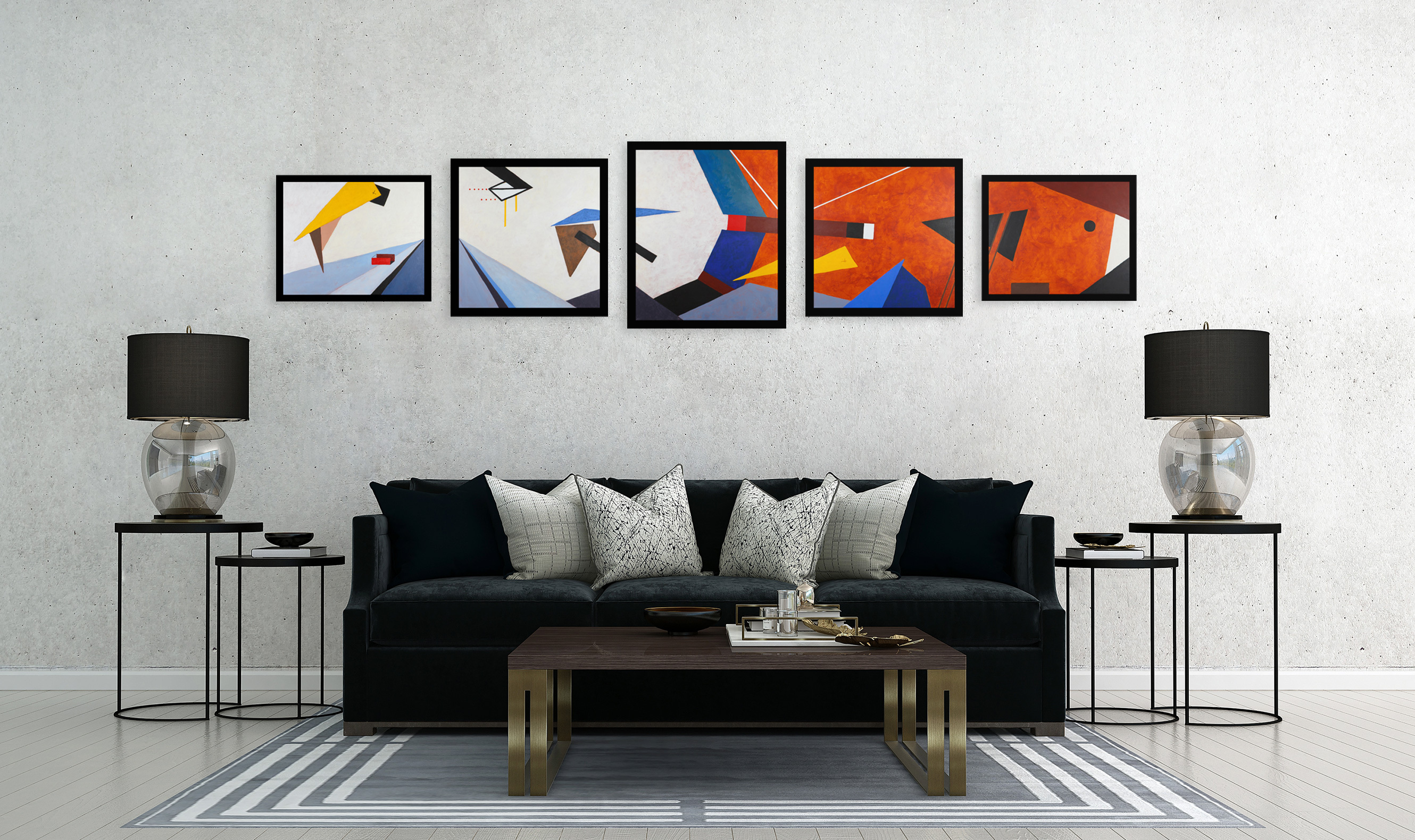 Geometric abstract paintings above black couch.