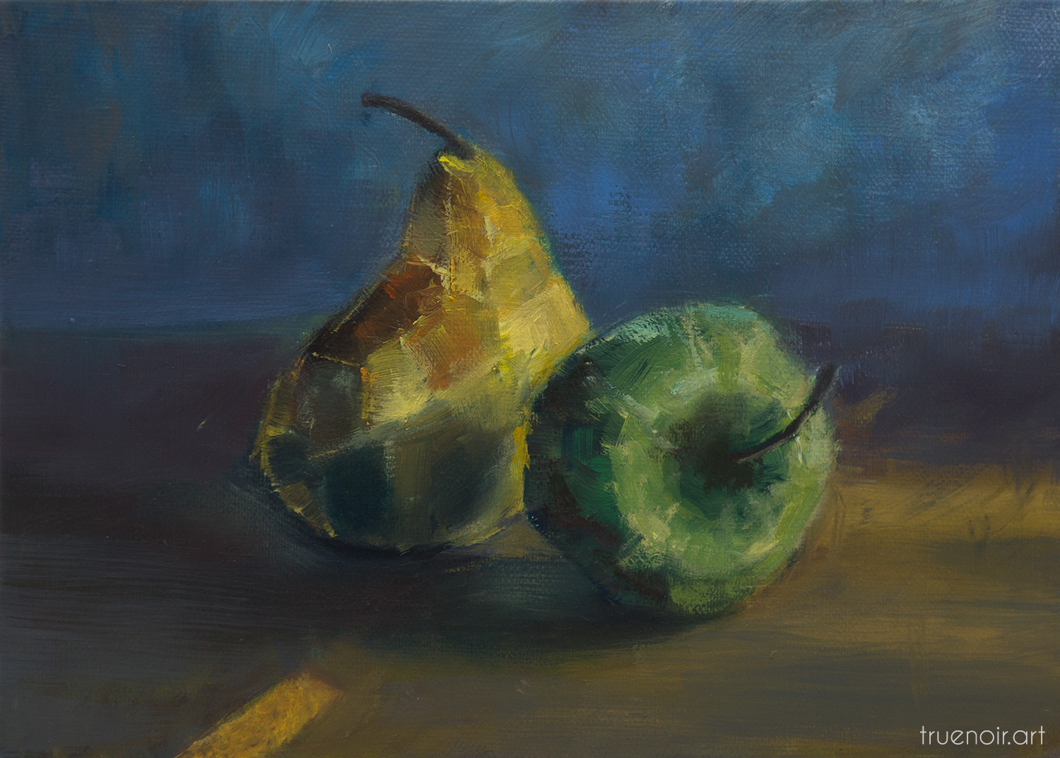 Painting of yellow pear with geometric facets and green apple in the middle of the road on a stormy night.