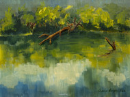 Arbor Hill Lake Landscape by artist Oksana Ossipov, original 12 by 9 inch oil painting on linen panel. Green landscape of a lake in Texas.